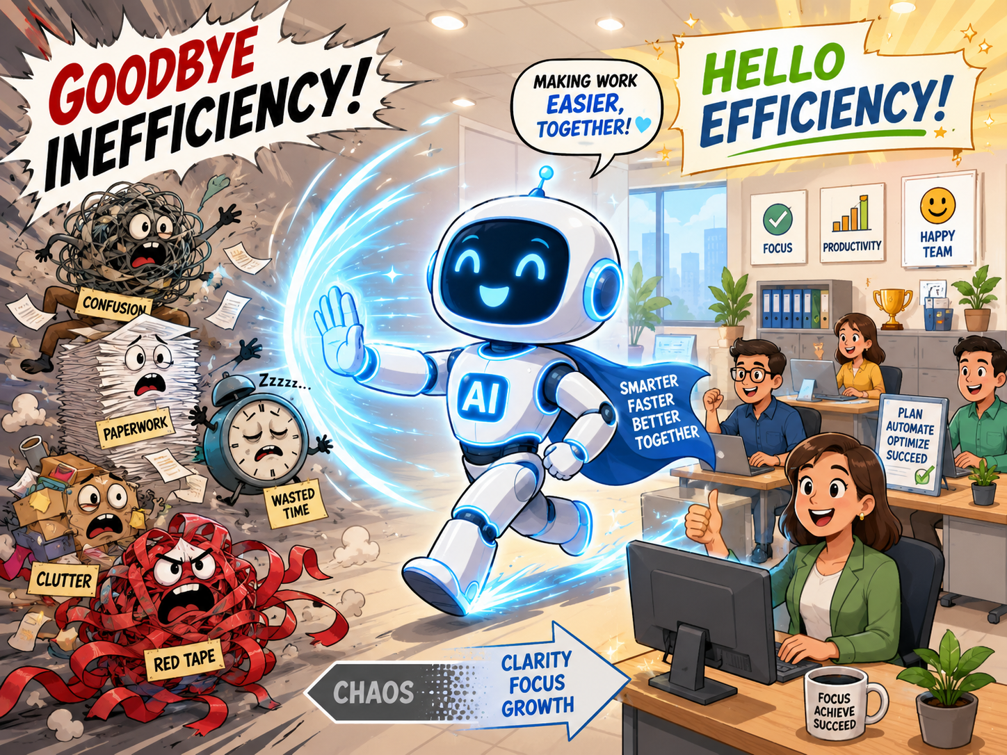 Cartoon AI chasing away inefficiency
